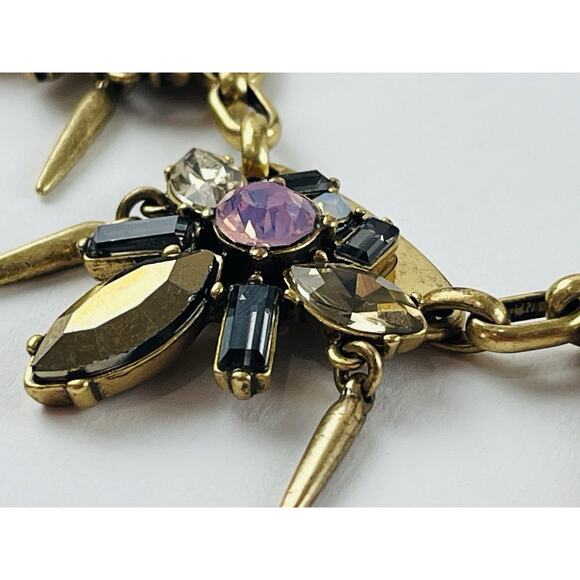 J. Crew Gold Tone Rhinestones Pink Spike Dangles Necklace Smoky Black White Flor - Picture 7 of 16